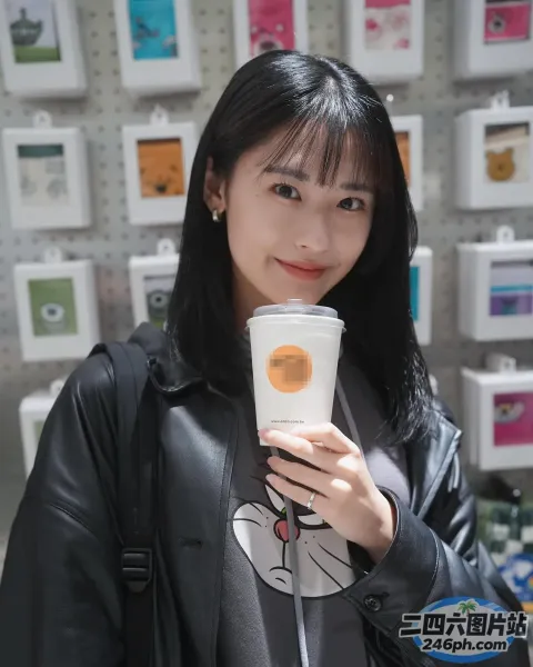 女人在一堵照片墙前拿着一杯咖啡