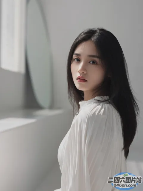 一个穿着白衬衫的女人站在窗前