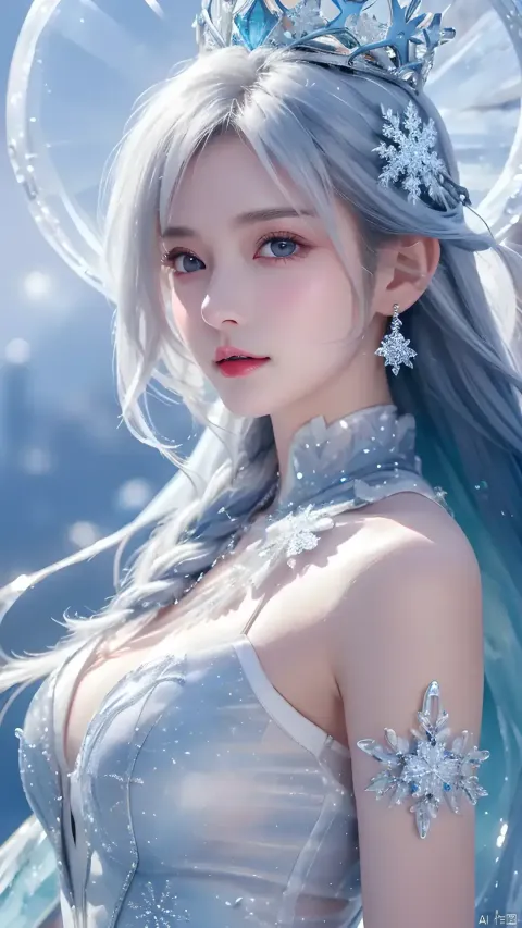 一个长发女人，戴着TIA和蓝色连衣裙