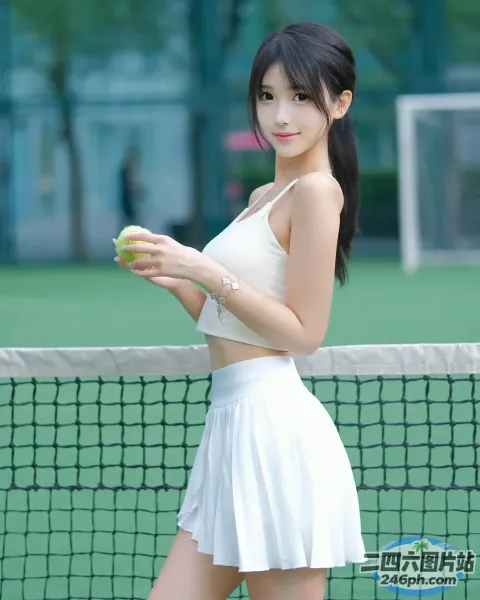 阿拉伯裔亚洲女子，身穿白色网球服，手里拿着网球