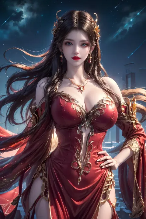 一个身穿红色连衣裙、披着红色斗篷和红色连衣裙的女人