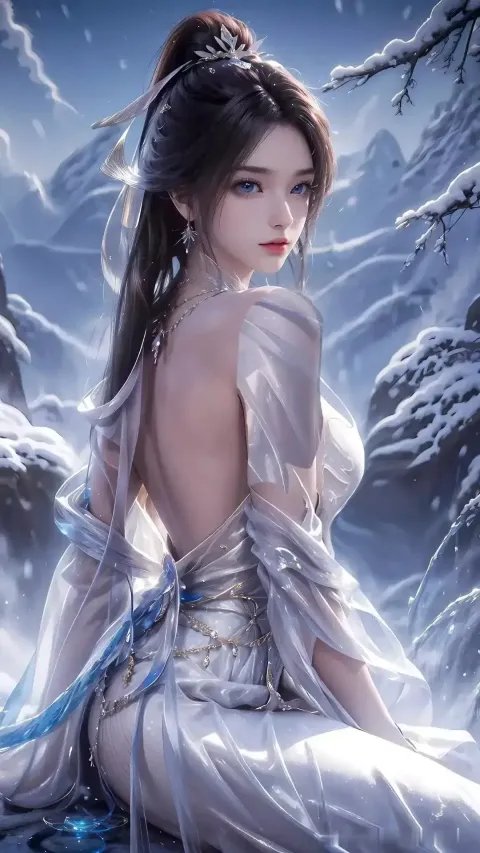 一个身穿白裙的女人坐在雪地里的岩石上