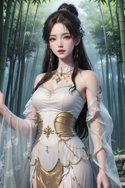 一个身穿白裙的女人站在竹林中的特写
