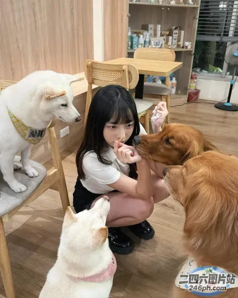 椅子上坐着三只狗和一个女孩
