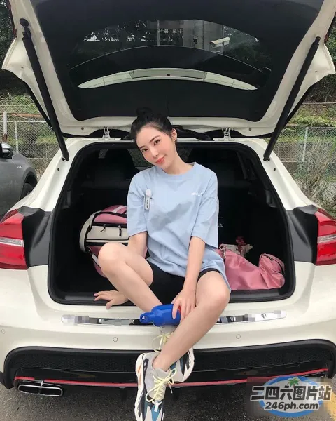 阿拉菲坐在汽车后备箱里，里面装着一个袋子