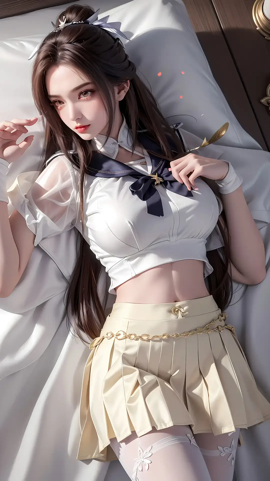 身穿白衬衫和裙子的亚洲女子躺在床上