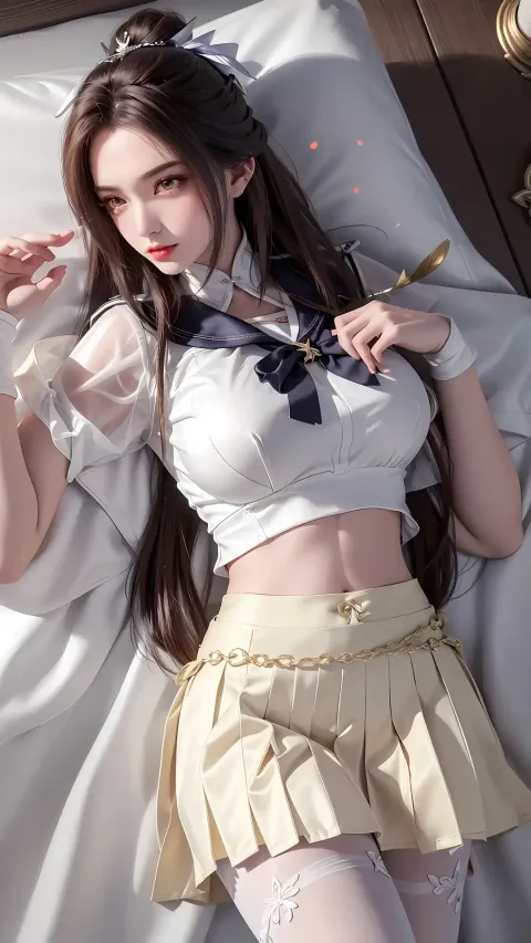 身穿白衬衫和裙子的亚洲女子躺在床上
