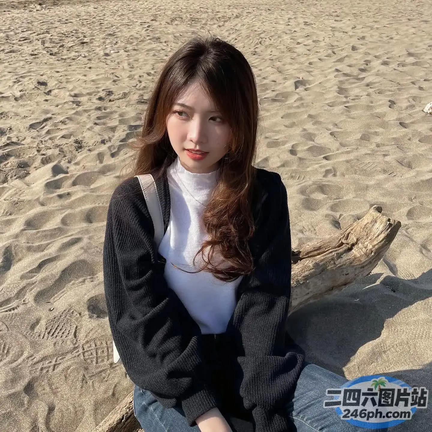 阿拉夫德女人坐在海滩上，手里拿着冲浪板
