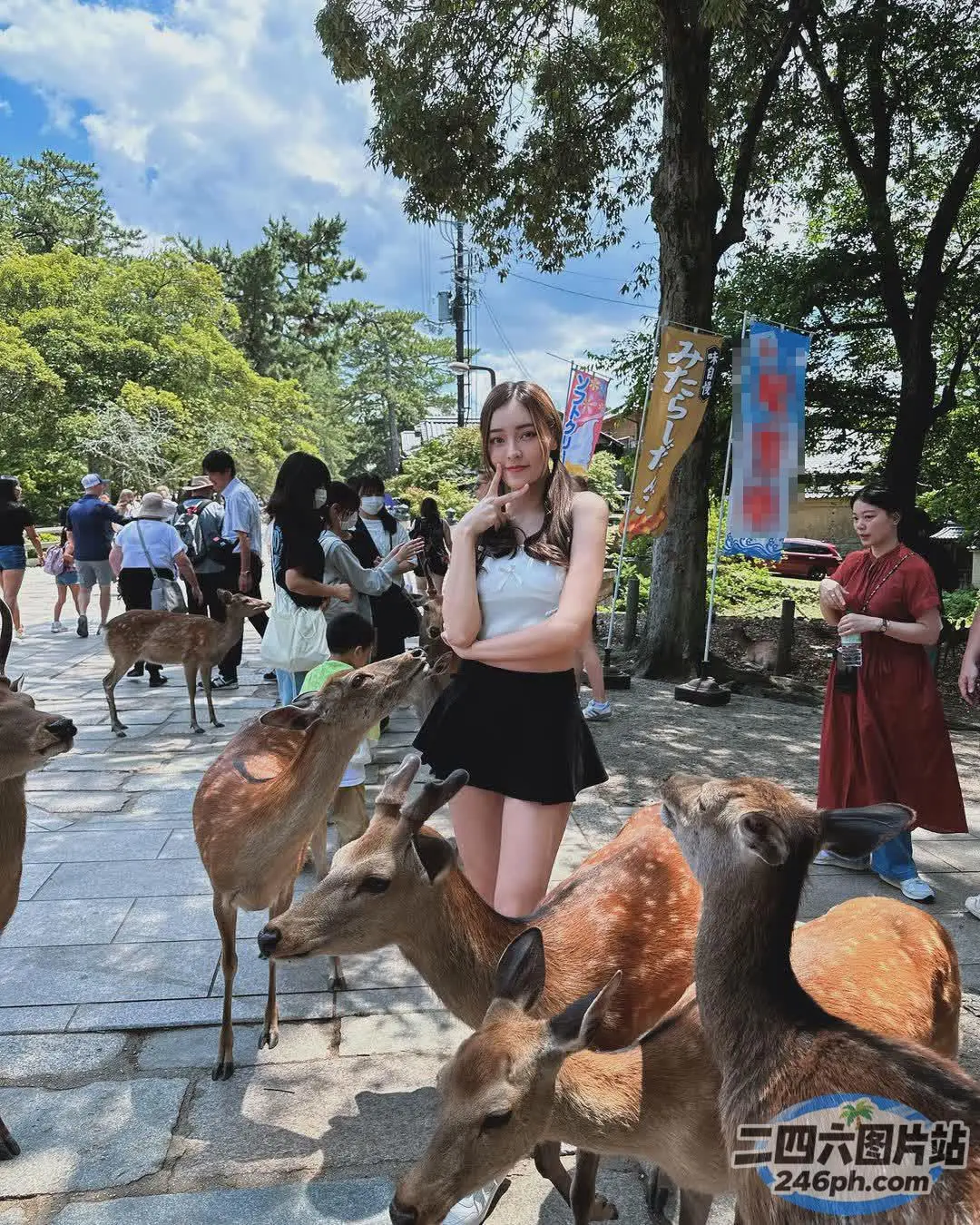 有个女人站在一群鹿旁边