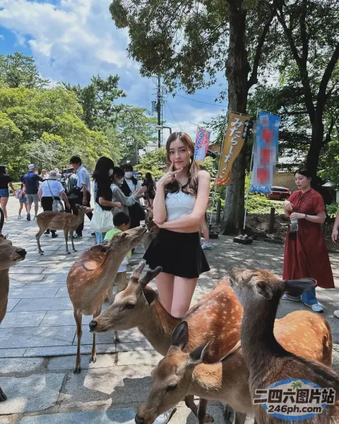 有个女人站在一群鹿旁边