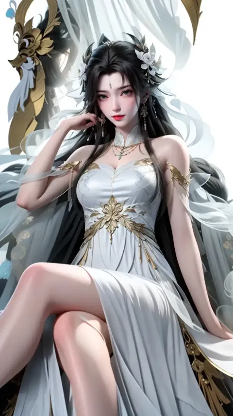 一个身穿白裙的女人，手持剑坐在宝座上