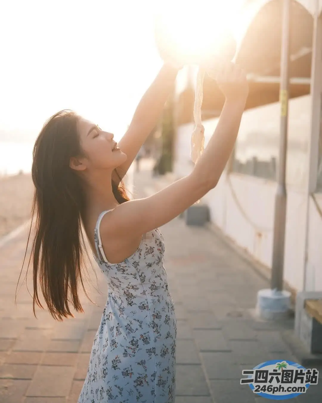 阿拉菲女人把鞋子举到太阳前