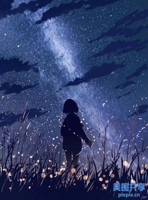 星空与一个人站在草地上