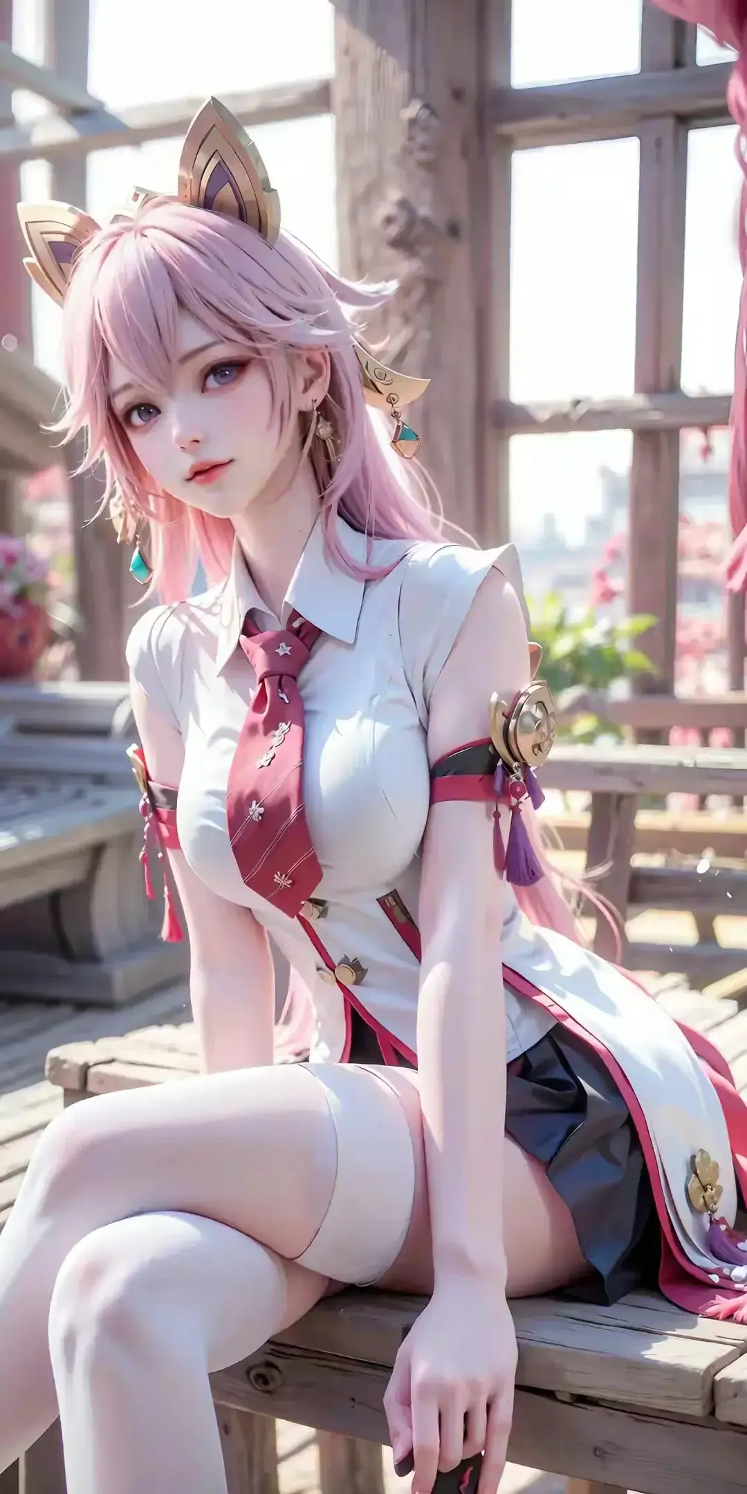 穿着短裙和白衬衫的阿拉夫女孩坐在长凳上