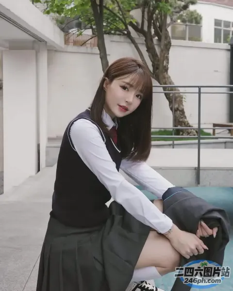 有一位身穿校服的女子坐在长凳上
