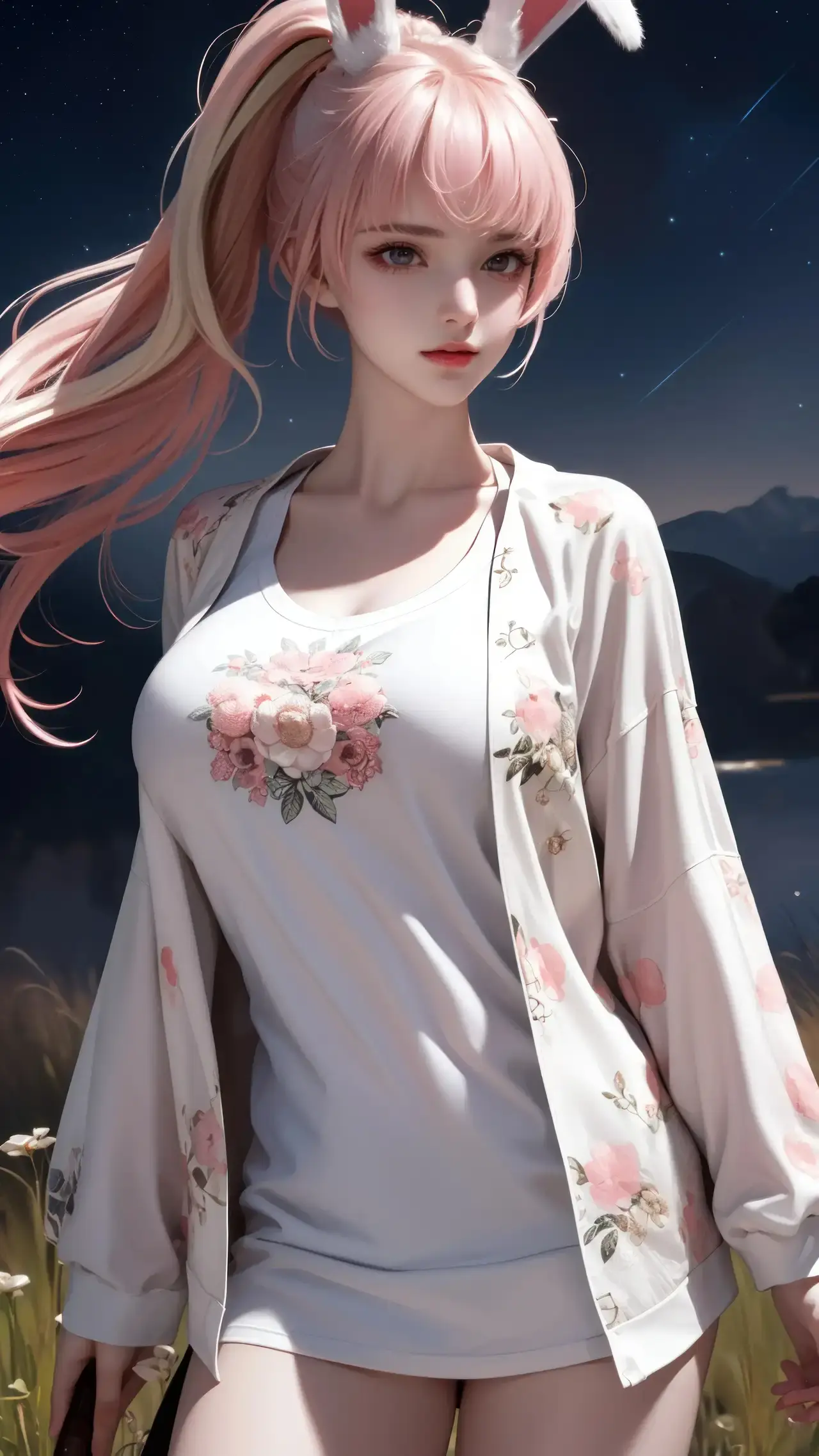 粉红色头发和兔子耳朵的动漫女孩在田野里摆姿势