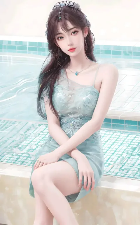 一个女人坐在游泳池附近壁架上的特写