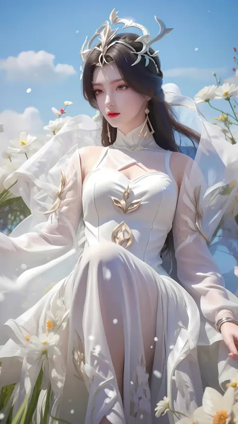 身穿白色连衣裙，戴着王冠的阿拉夫女人坐在花田里