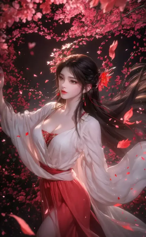 一个身穿白红相间连衣裙的女人，手里拿着一把剑