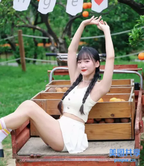有一个女人坐在一辆卡车里，后面有橘子
