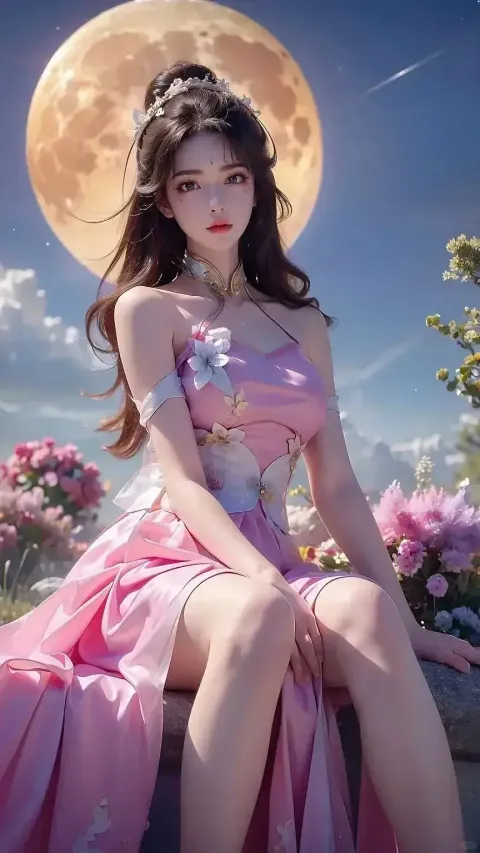 一个穿着粉红色连衣裙的女人坐在石凳上