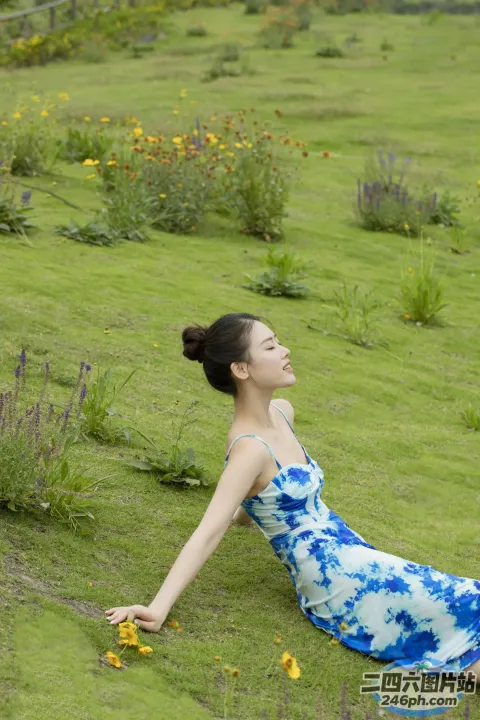 阿拉费德女人躺在草山上，背景是鲜花