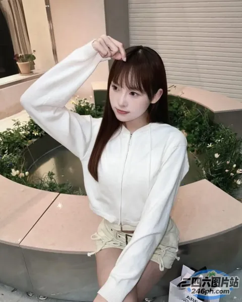 有一位女士穿着白衬衫摆姿势拍照
