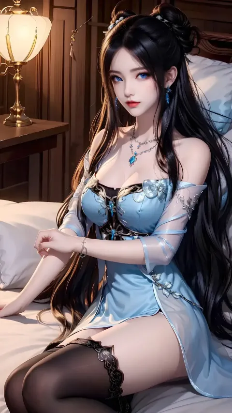 一个穿着蓝色连衣裙的女人坐在床上的特写