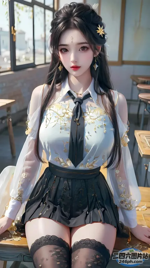有一个女人穿着裙子打着领带坐在长凳上