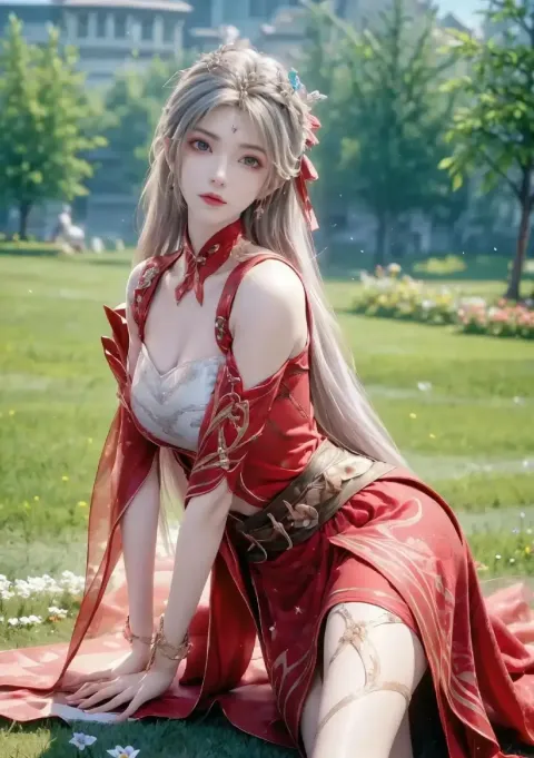 一个穿着红色连衣裙的女人坐在田野里的毯子上