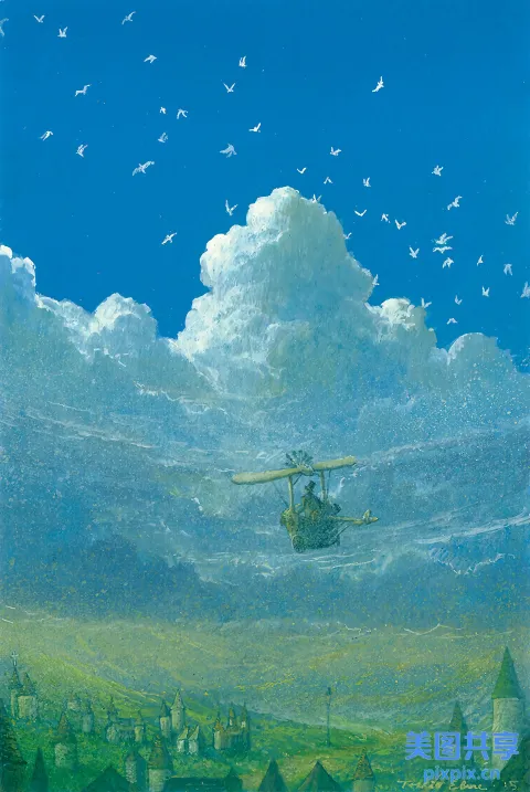 一架飞机飞越一个以城堡为背景的小镇的画作