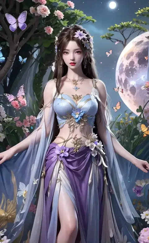 一个身穿紫色连衣裙的女人站在花园里的特写