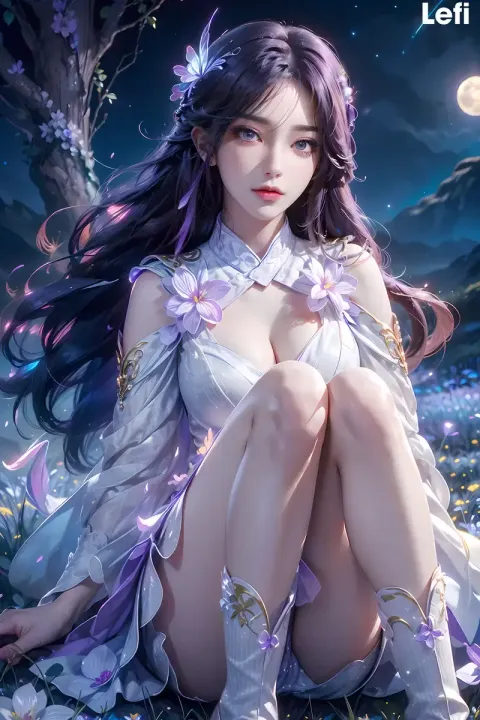一个女人坐在花田上的特写
