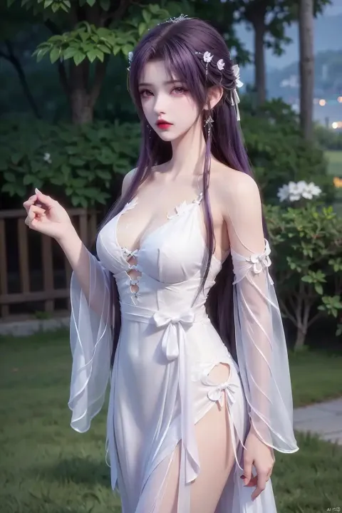 一个穿着白色连衣裙摆姿势拍照的女人的特写