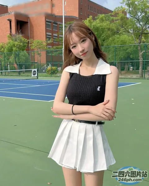 站在网球场上，身穿黑白连衣裙的阿拉夫德女子