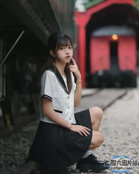 火车旁边的地上坐着一个女人
