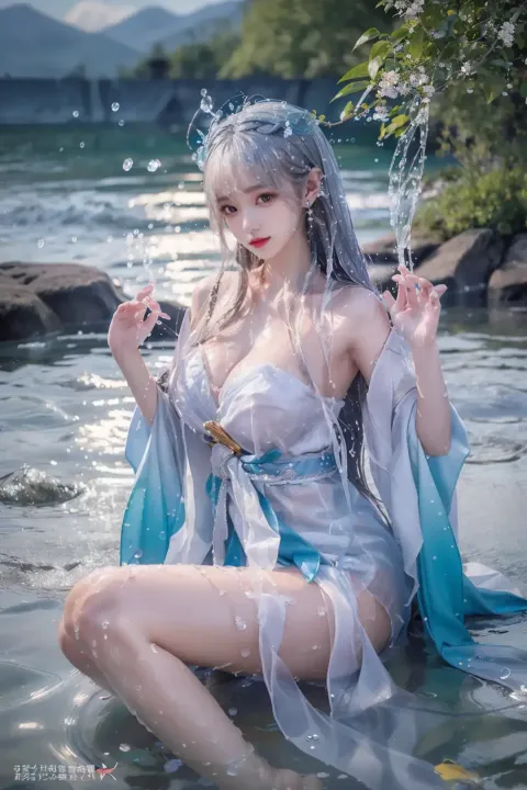 一个穿着白色连衣裙的女人坐在水体中