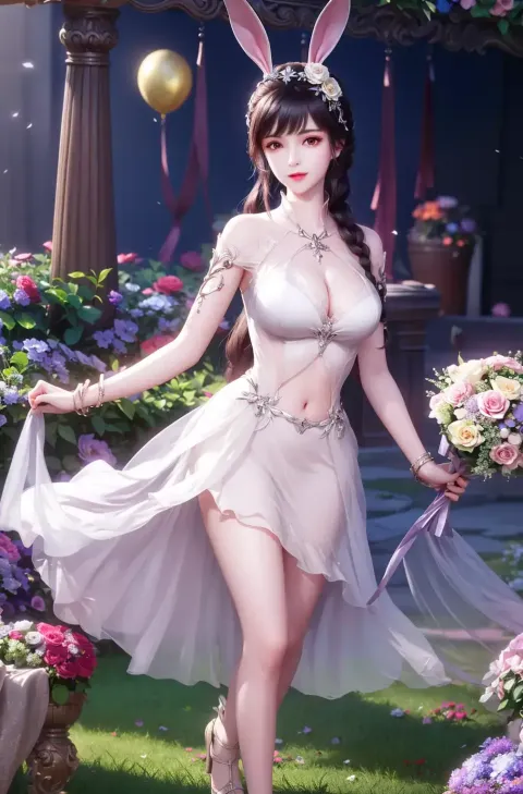 一个穿着白色连衣裙、戴着兔子耳朵的女人正在花园里散步