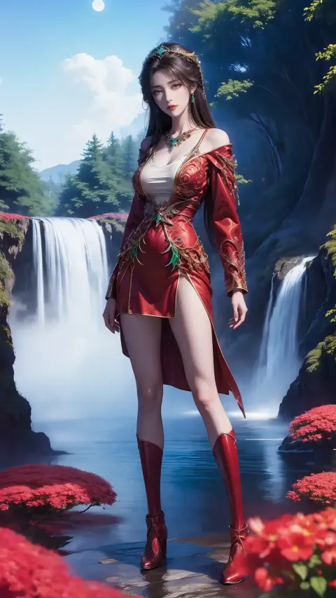 站在瀑布前的红裙阿拉夫德女人