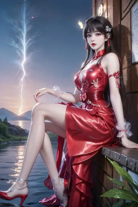 身穿红裙的阿拉夫德女人坐在水边的壁架上