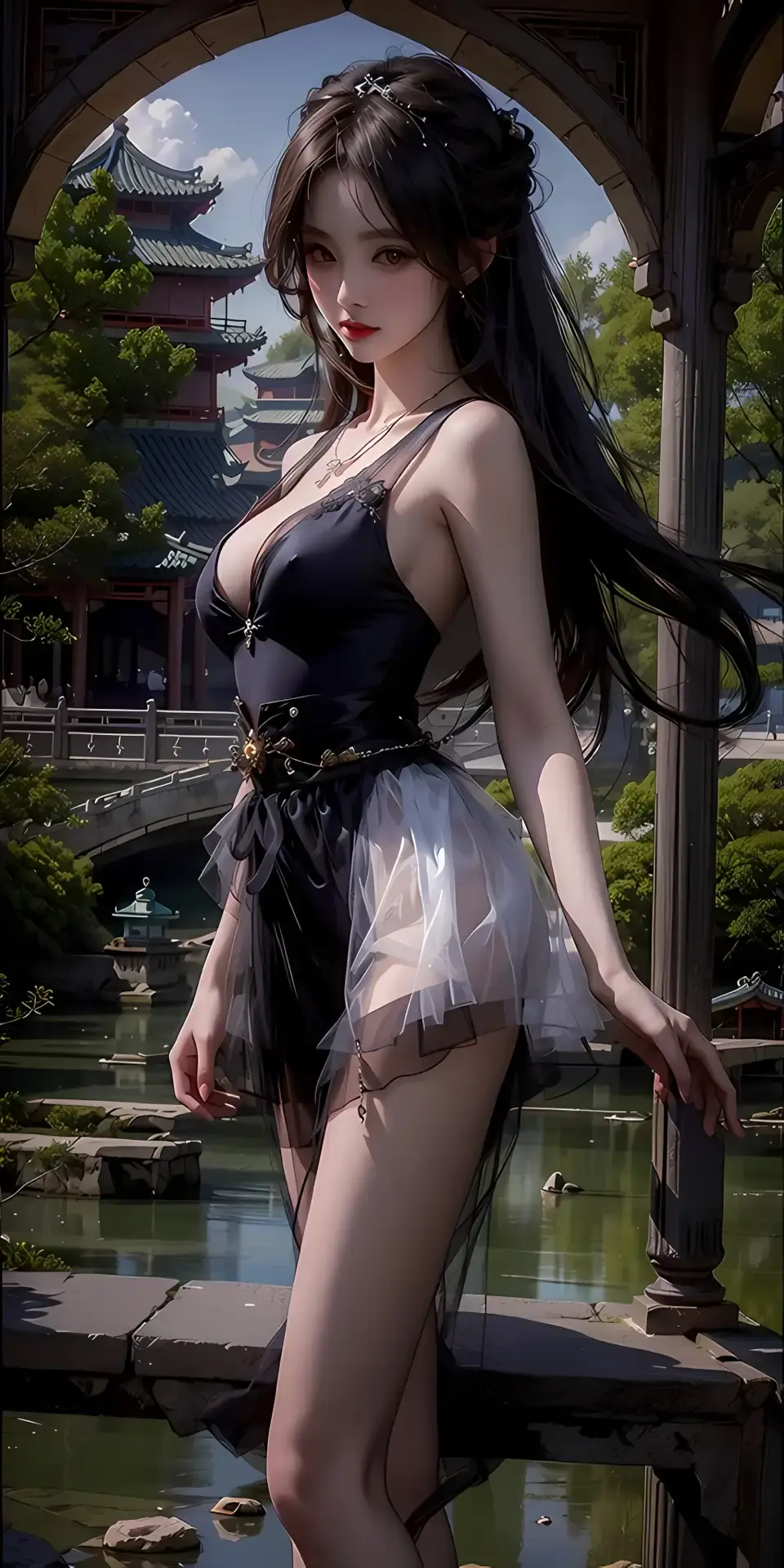 身着黑白连衣裙的阿拉夫亚洲女性摆姿势拍照