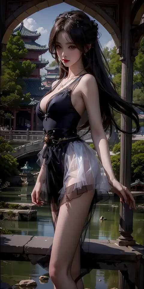身着黑白连衣裙的阿拉夫亚洲女性摆姿势拍照