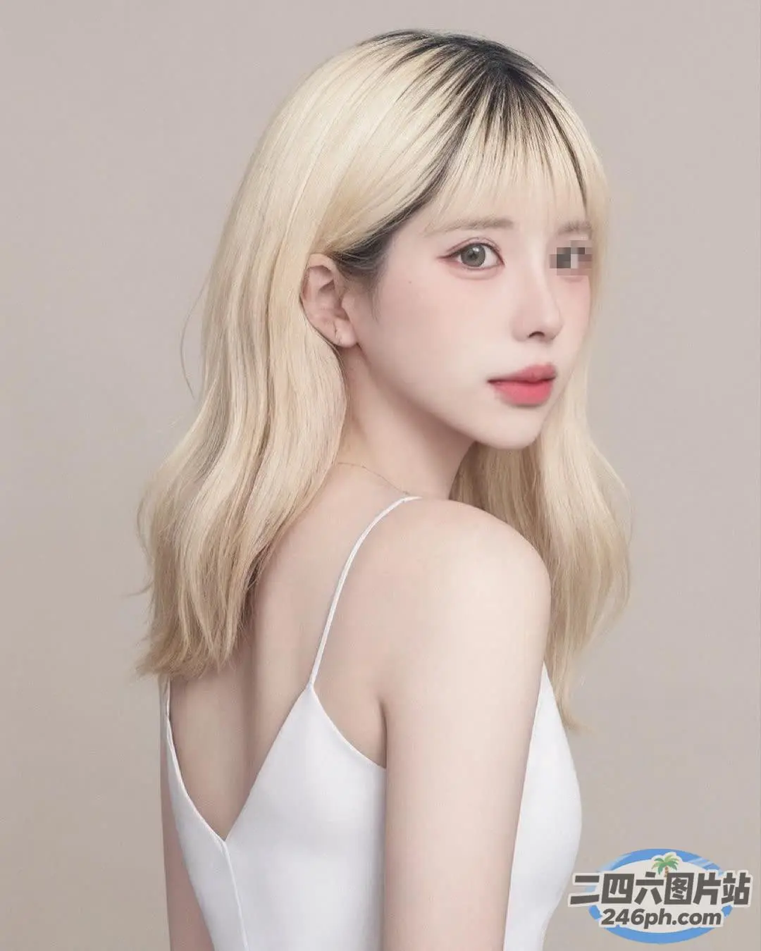 一位金发碧眼、身穿白色上衣的女子摆姿势拍照