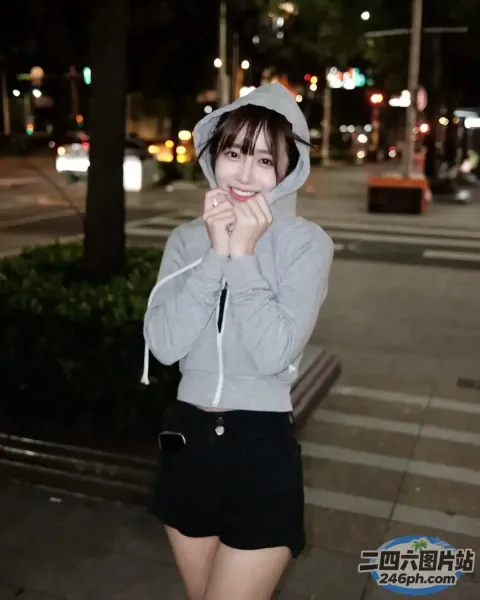 人行道上站着一个穿着连帽衫的女人