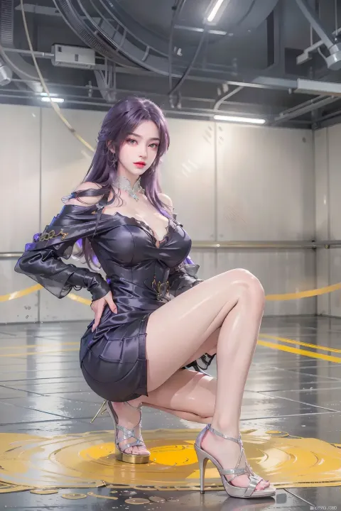 身穿黑色连衣裙的阿拉夫坐在黄色圆圈上