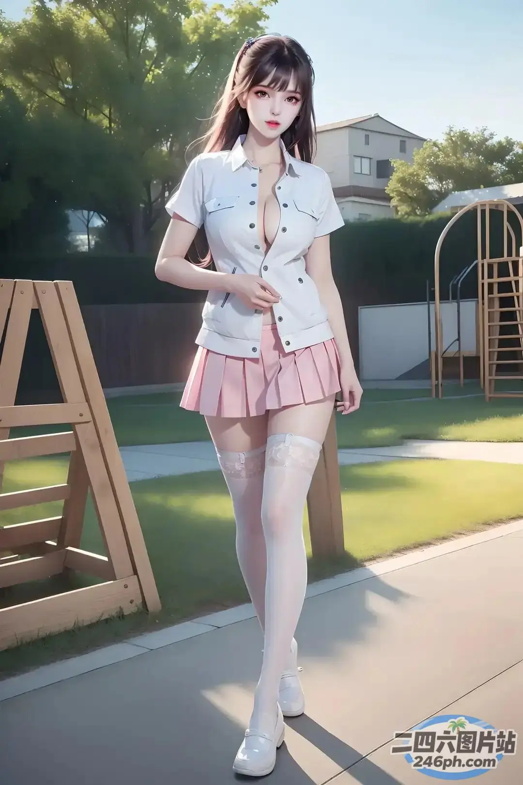 有个短裙白衬衫女子摆姿势