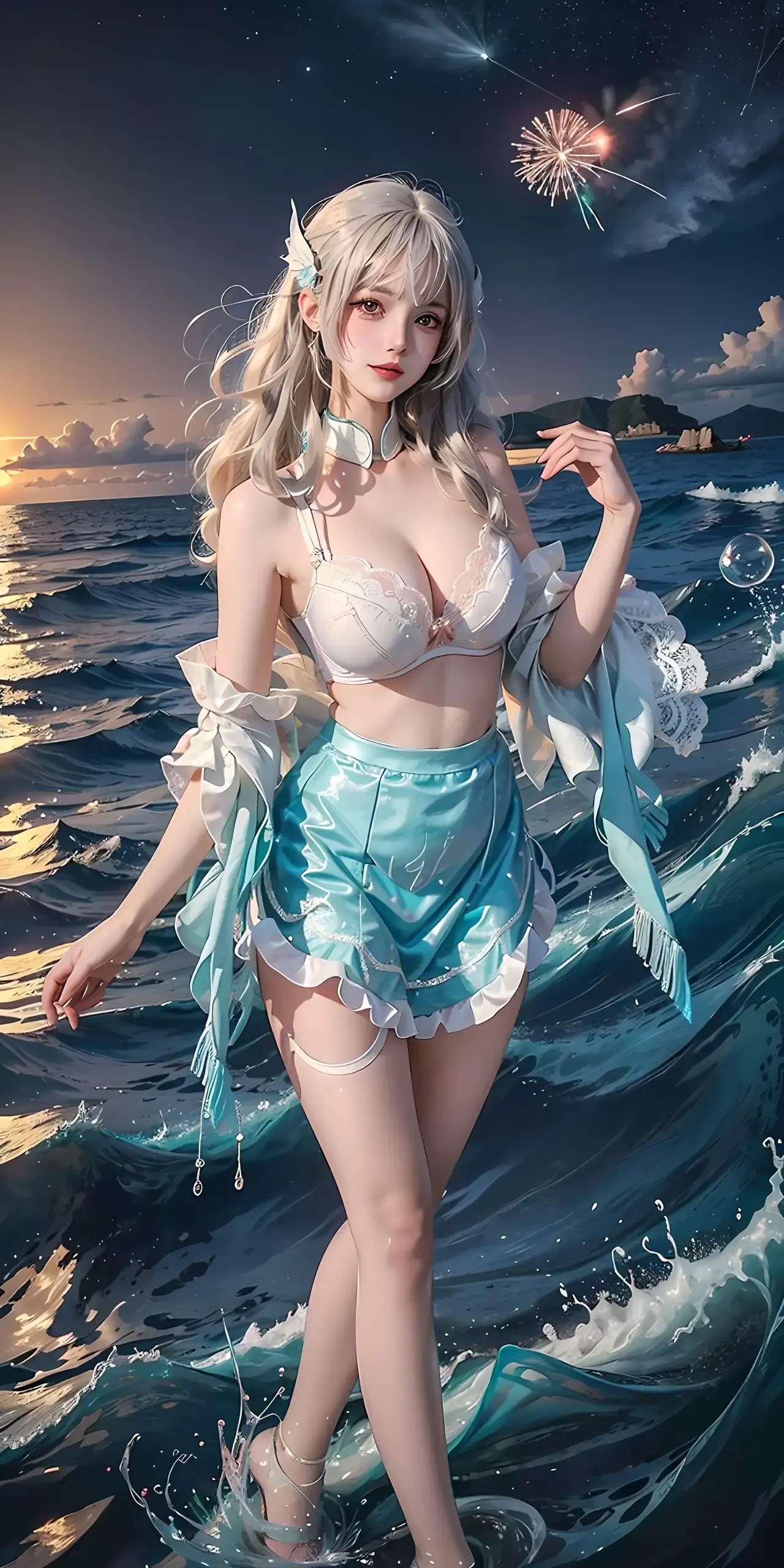 穿着比基尼的动漫女孩与星星在海中合影