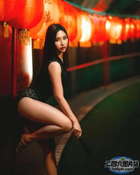 一名身穿黑色连衣裙的女子在一排红灯笼前摆姿势