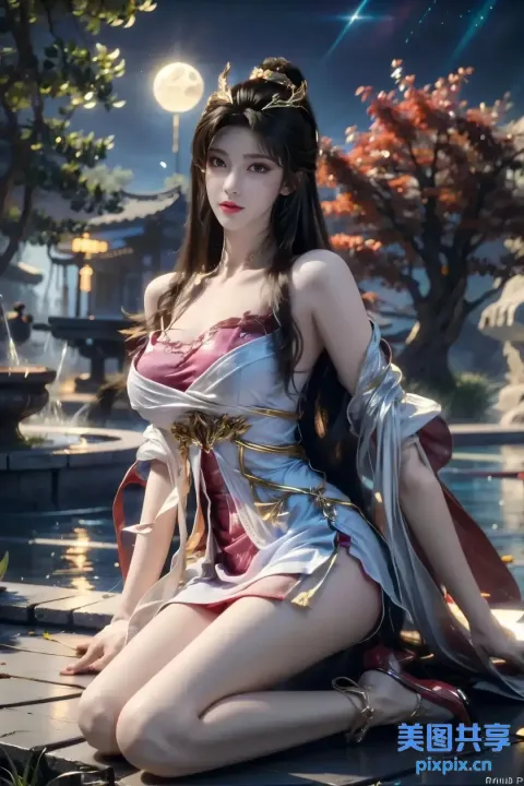 一个穿着裙子的女人坐在池塘边的石台上