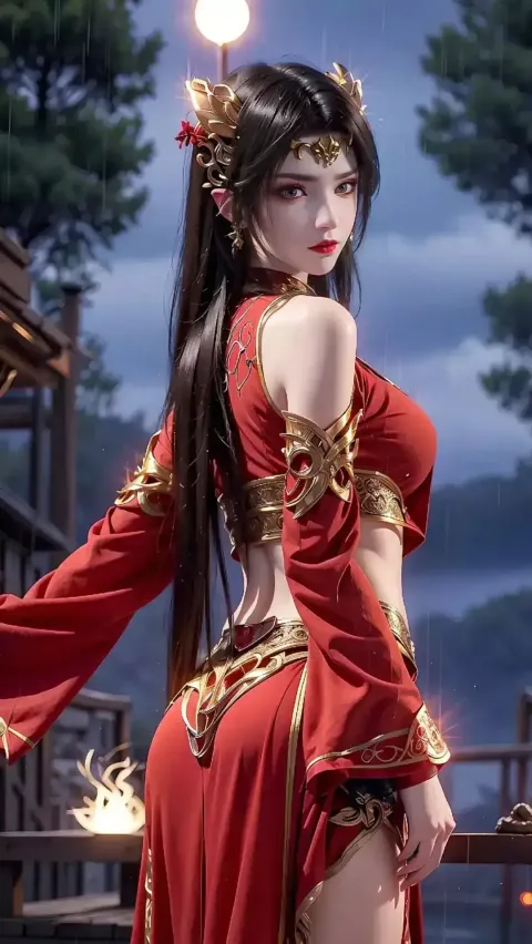 一个穿着红色连衣裙的女人站在雨中的特写